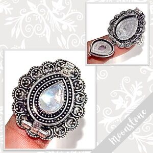 Rainbow Moonstone Large Silver Artisan Poison Ring, Size 6.5 (Blue-Violet flash)